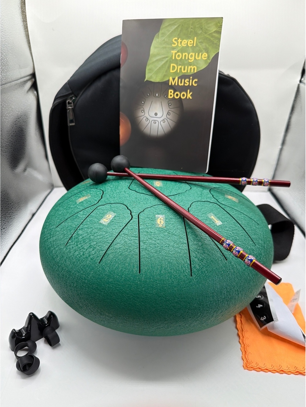 Green Steel Tongue Drum with Mallets and Music Book